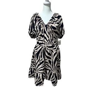 The Good Journey, Zebra Print Black & Tan Puff Sleeve Tie Neck Minidres, 18, NWT